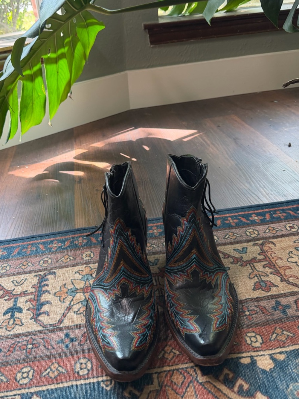 Embroidered Leather Ankle Boots in Black with Multicolor Stitching